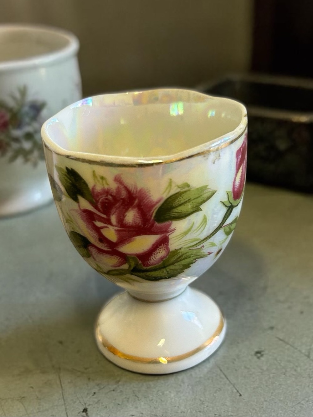 Vintage Moss Rose Porcelain Footed Egg Cup - Made in Japan